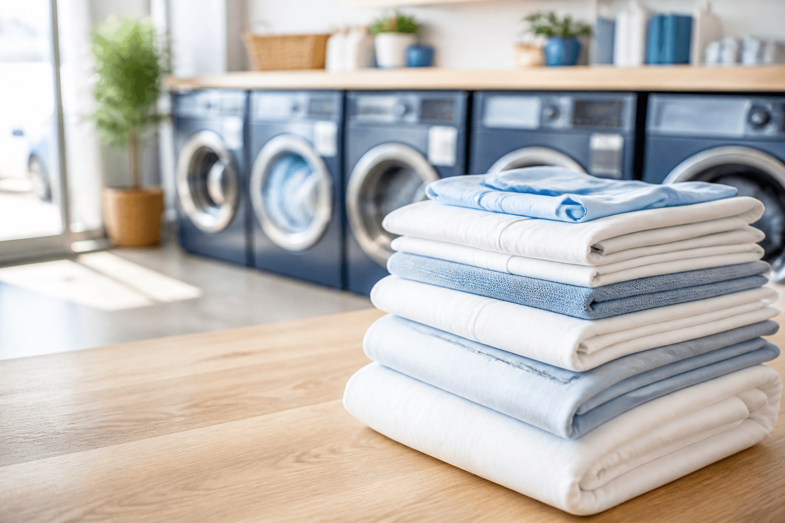 Fresh folded linens in a bright modern laundry
